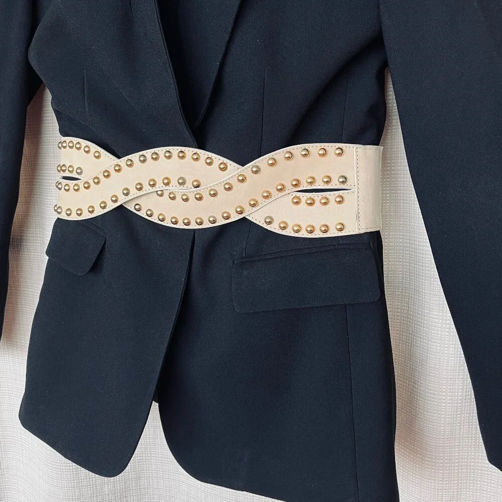 Vintage Wide Statement Suede Leather Corset Belt Gold Studs Boho Maximalist